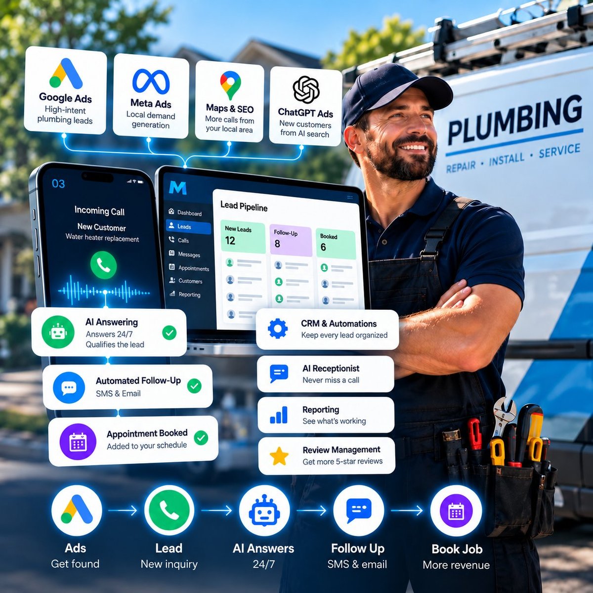 Plumber with tools next to service van showing advertising and CRM software features for plumbing business growth