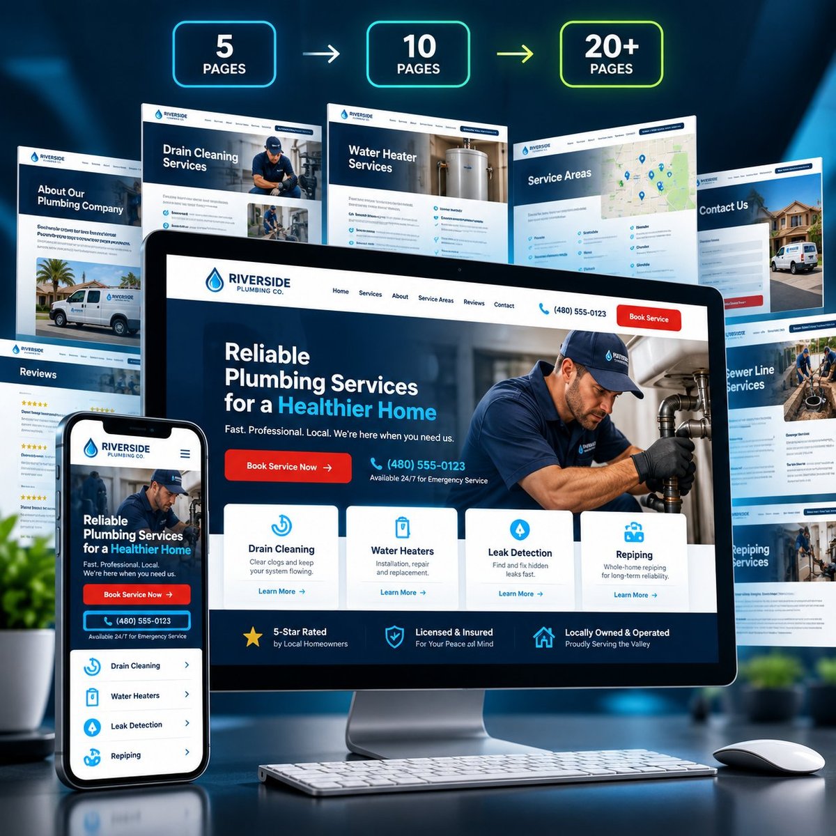 Plumbing website design by Modern PPC Responsive plumbing website design shown on desktop and mobile with service, location, review, and booking pages